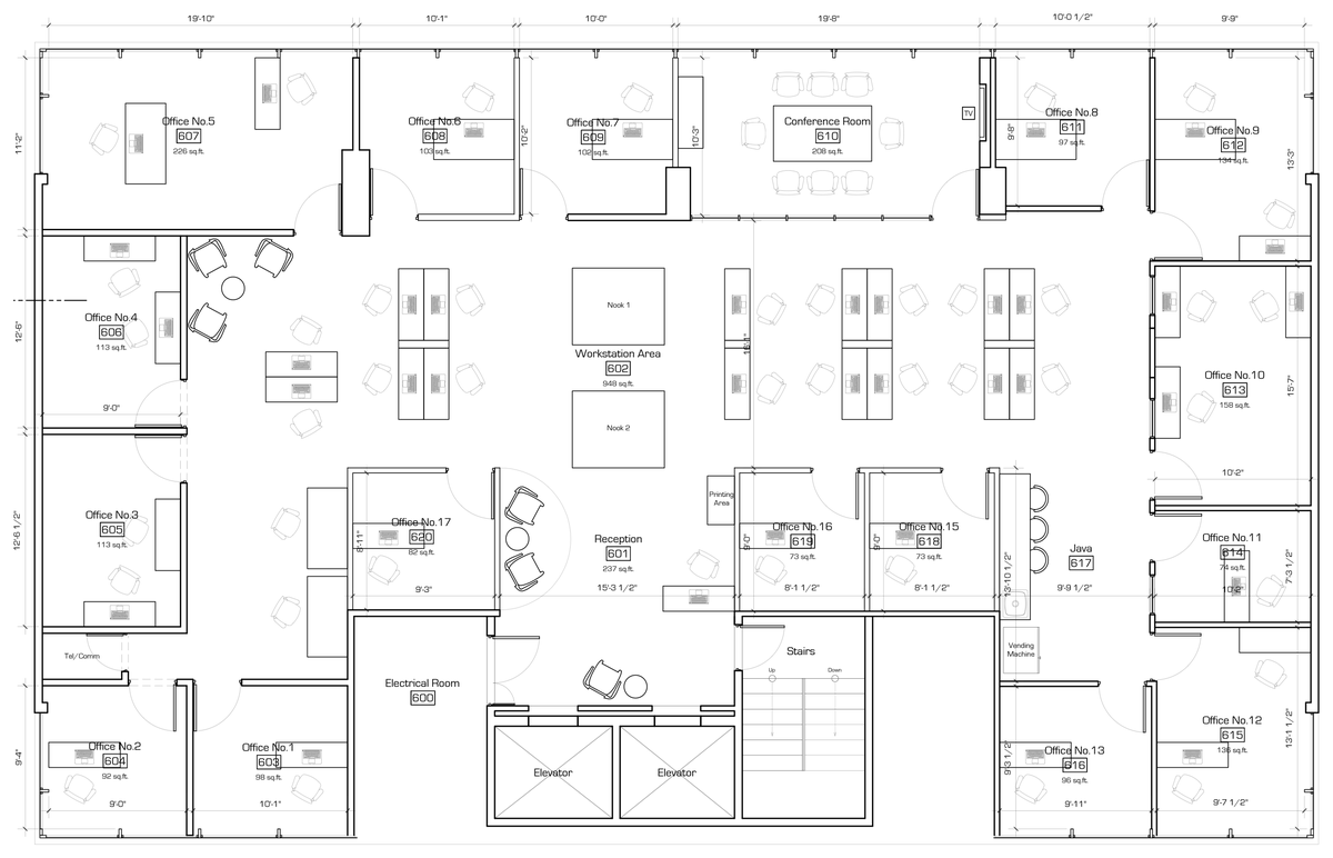 Floor plan of La Oficina: 16 private offices, a conference room, an open workstation area, reception and the Java kitchen